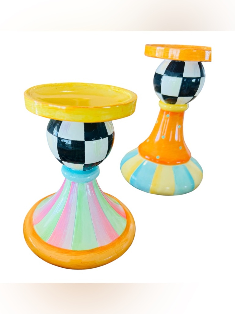MacKenzie-Childs Trick or Treat Candle Holders Set of 3 Courtly Check - Picture 2 of 7